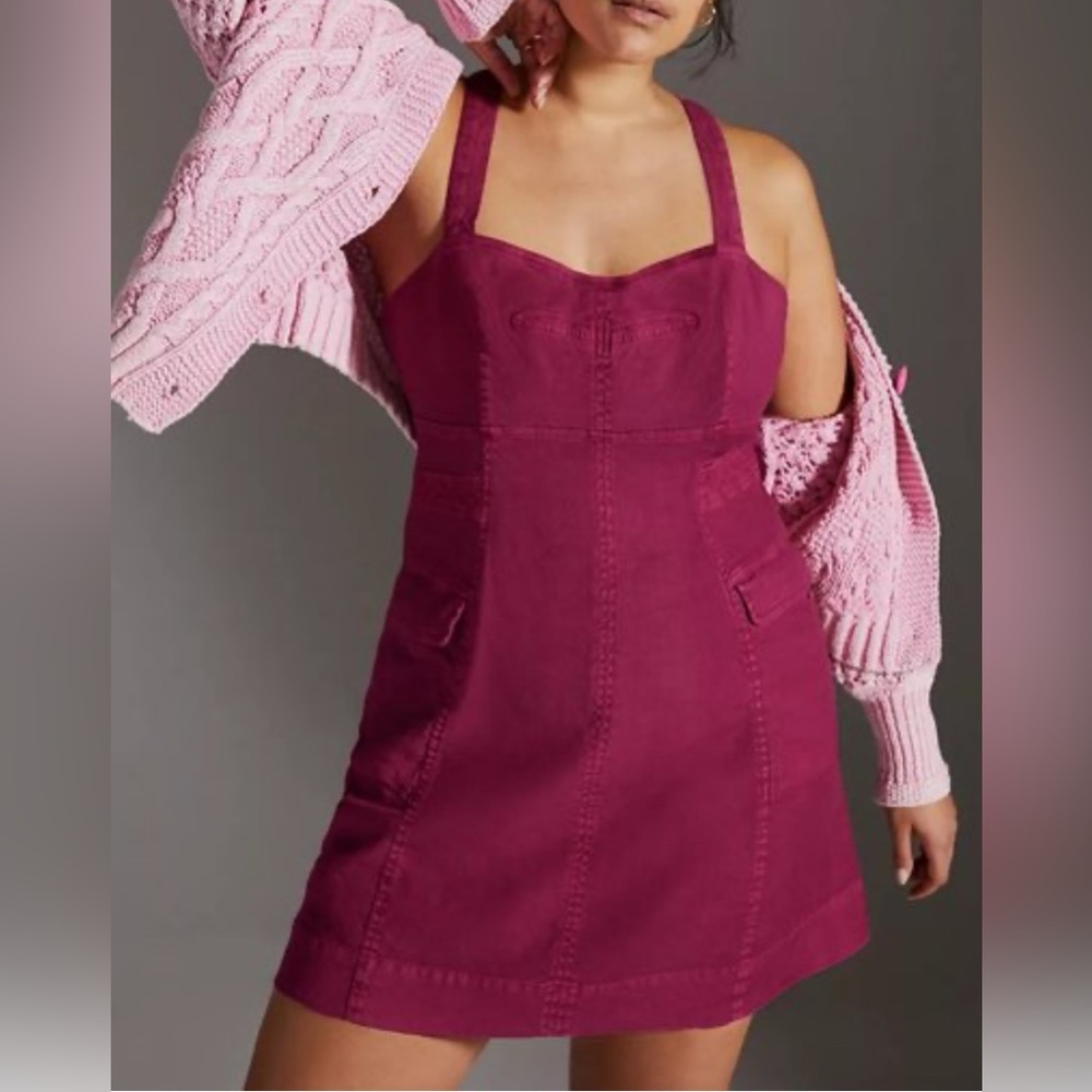 Anthropologie Square Neck Linen Mini Cargo Dress Pockets Pink Rose Size 2 NWT